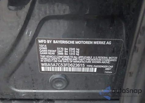 2015 BMW 528I xDrive из США, поврежденный, VIN WBA5A7C53FD623615